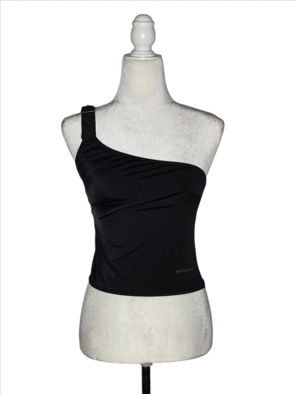 Burberry London One Shoulder Cropped Swim Top Buckle Strap Logo Black Size S
